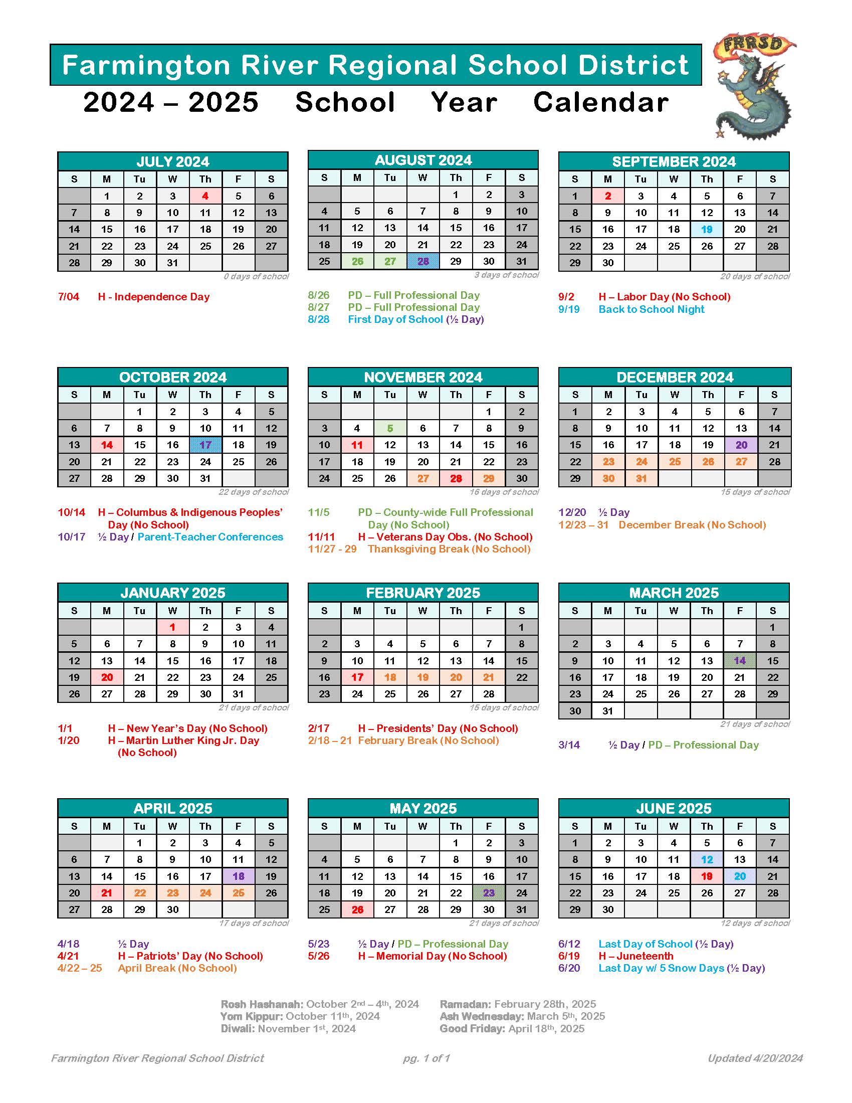 20242025 School Calendar Farmington River Regional School District